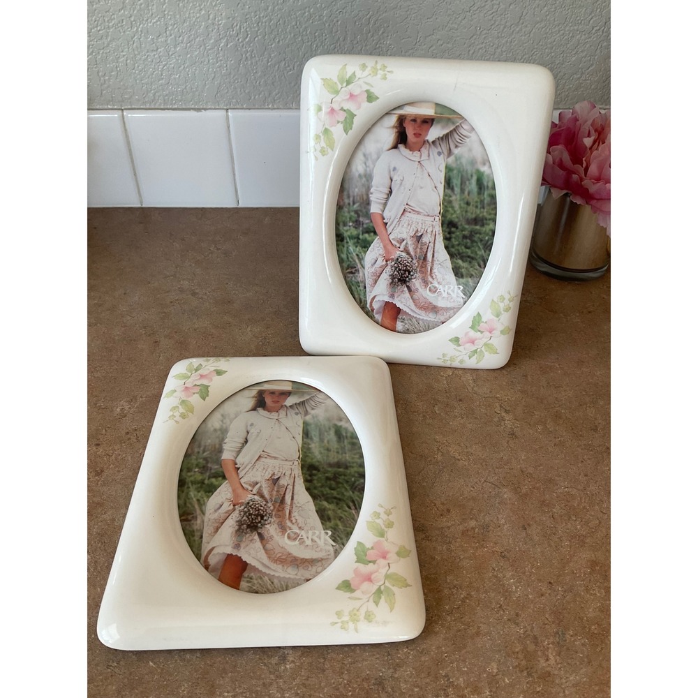 Carr Vintage Ceramic Floral Picture Frames Set 2 Pink White Oval 5x7 Opening